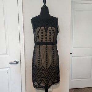 Gretchen Scott Designs Black Lace Overlay Sheath with Taupe Lining